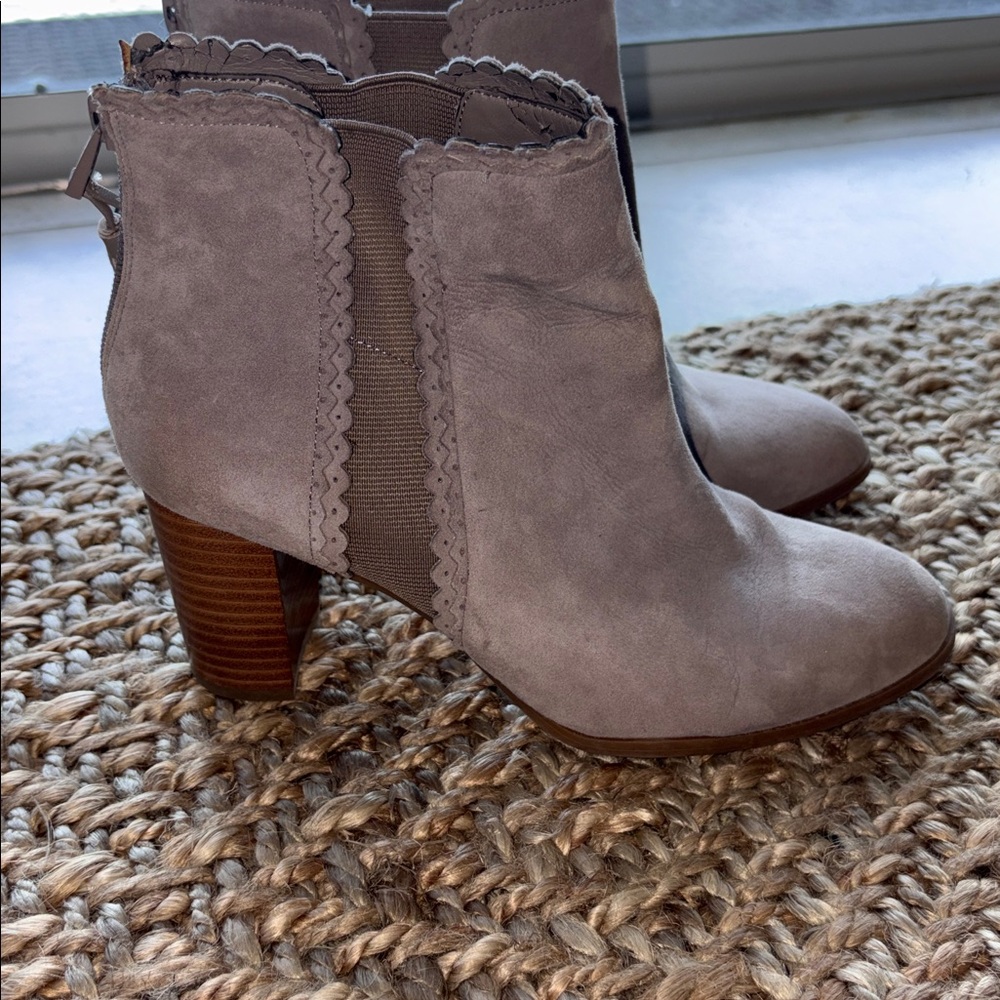 Alex Marie Taupe Ankle Booties with Scalloped Trim